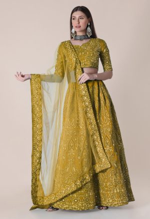 Taffeta Silk Yellow Lehenga Choli