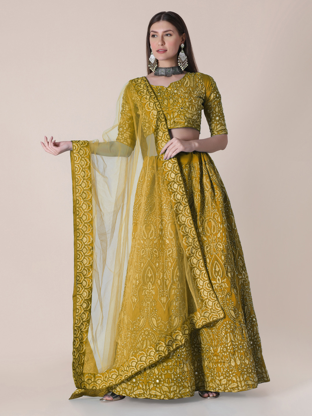 Taffeta Silk Yellow Lehenga Choli