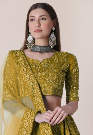 Taffeta Silk Yellow Lehenga Choli