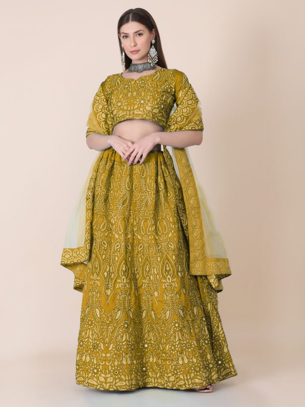 Taffeta Silk Yellow Lehenga Choli