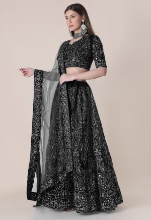 Taffeta Silk Black Lehenga Choli