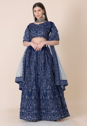 Taffeta Silk Blue Lehenga Choli