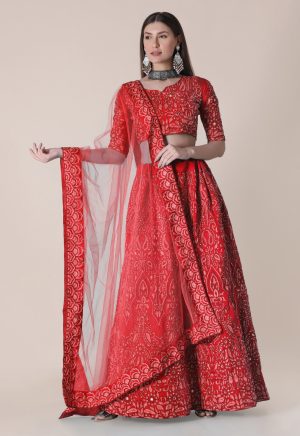 Taffeta Silk Red Lehenga Choli