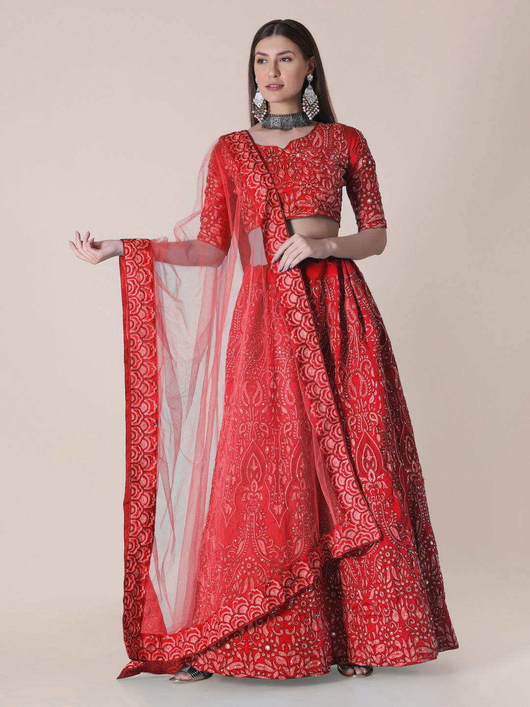 Taffeta Silk Red Lehenga Choli