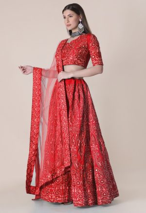 Taffeta Silk Red Lehenga Choli