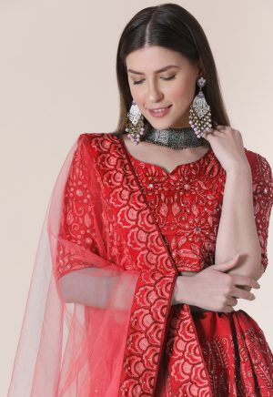 Taffeta Silk Red Lehenga Choli