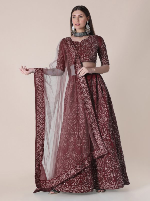 Taffeta Silk Maroon Lehenga Choli