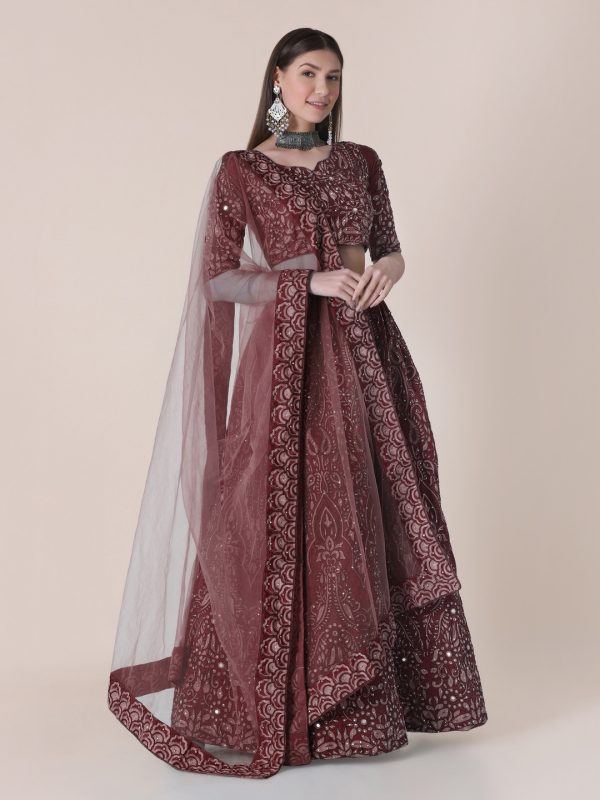 Taffeta Silk Maroon Lehenga Choli