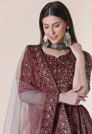 Taffeta Silk Maroon Lehenga Choli