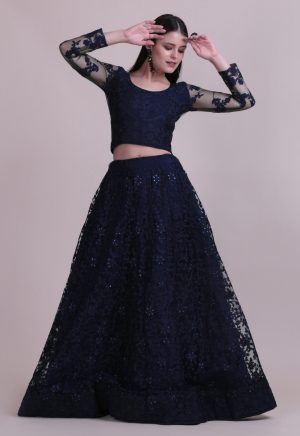 Pearl Work Net Blue Lehenga