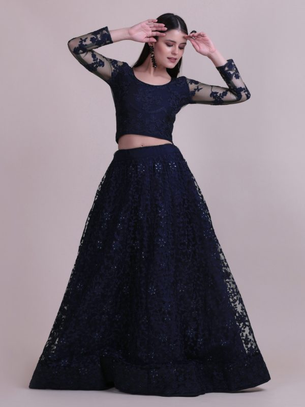 Pearl Work Net Blue Lehenga