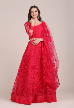 Pearl Work Net Red Lehenga