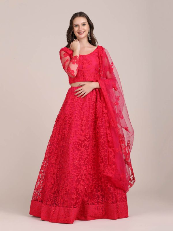 Pearl Work Net Red Lehenga