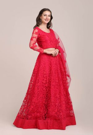 Pearl Work Net Red Lehenga