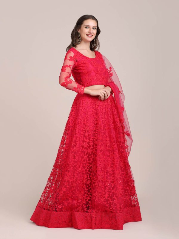 Pearl Work Net Red Lehenga