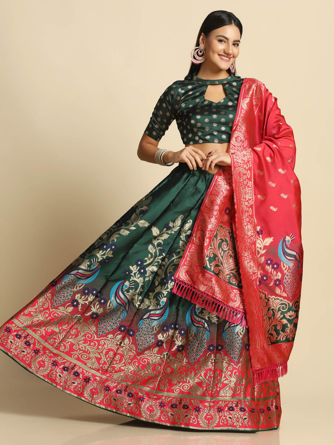 Parrot Design Green Lehenga