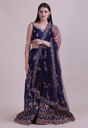 Silk Embroidered Blue Lehenga