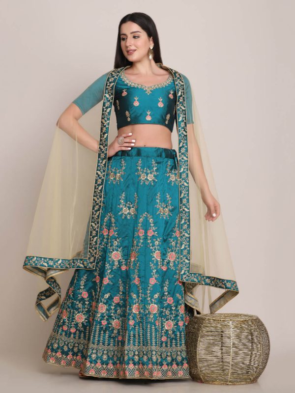 Silk Embroidered Green Lehenga