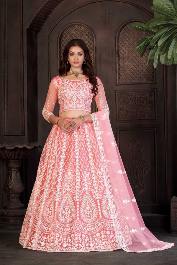 Peach Net Embellished Lehenga Choli