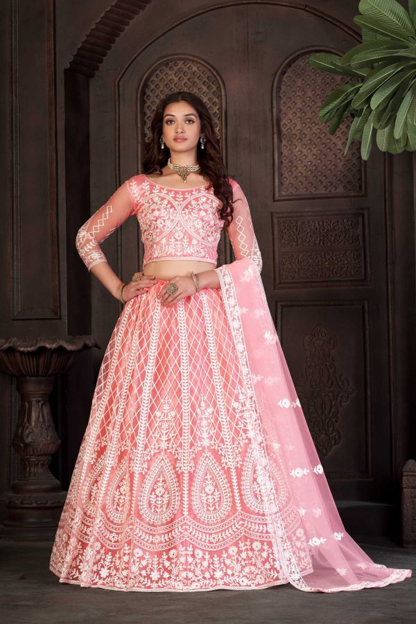 Peach Net Embellished Lehenga Choli