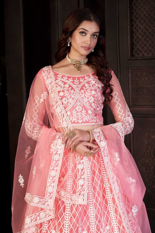 Peach Net Embellished Lehenga Choli