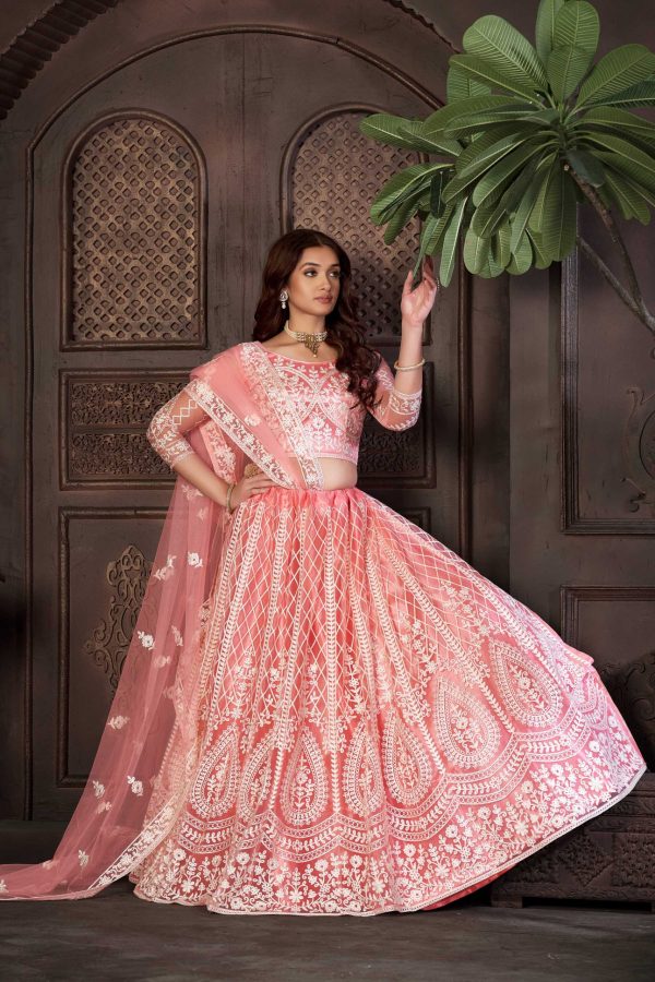 Peach Net Embellished Lehenga Choli