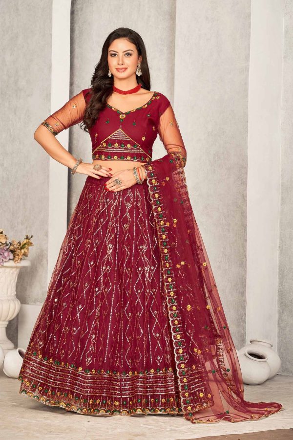 Embroidered Maroon Net Lehenga