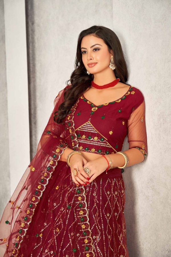 Embroidered Maroon Net Lehenga