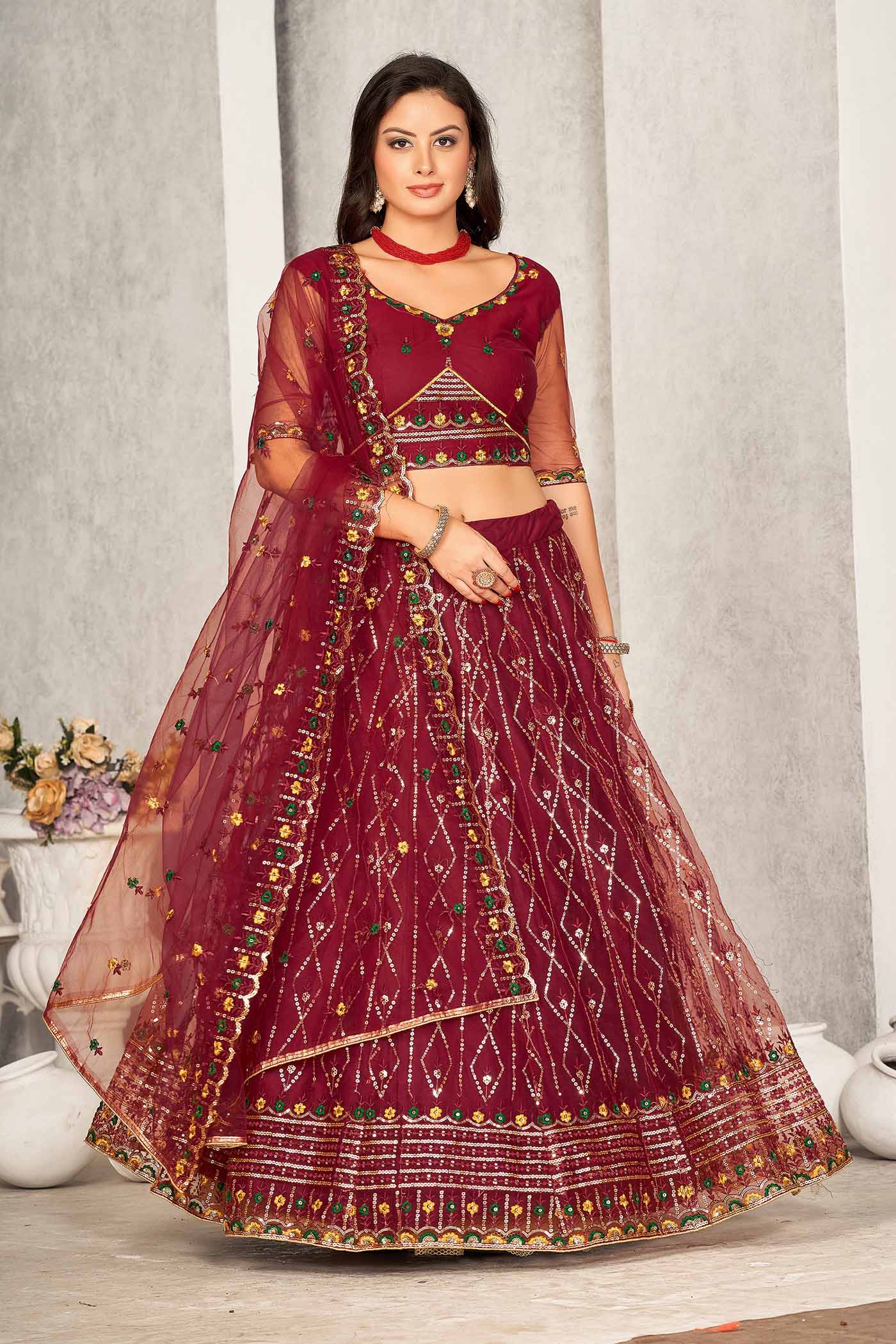 Embroidered Maroon Net Lehenga