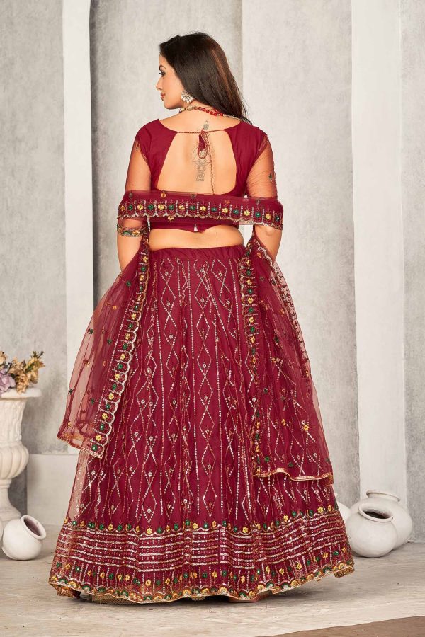 Embroidered Maroon Net Lehenga