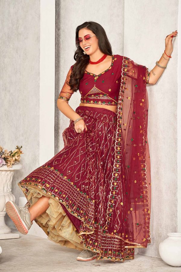 Embroidered Maroon Net Lehenga