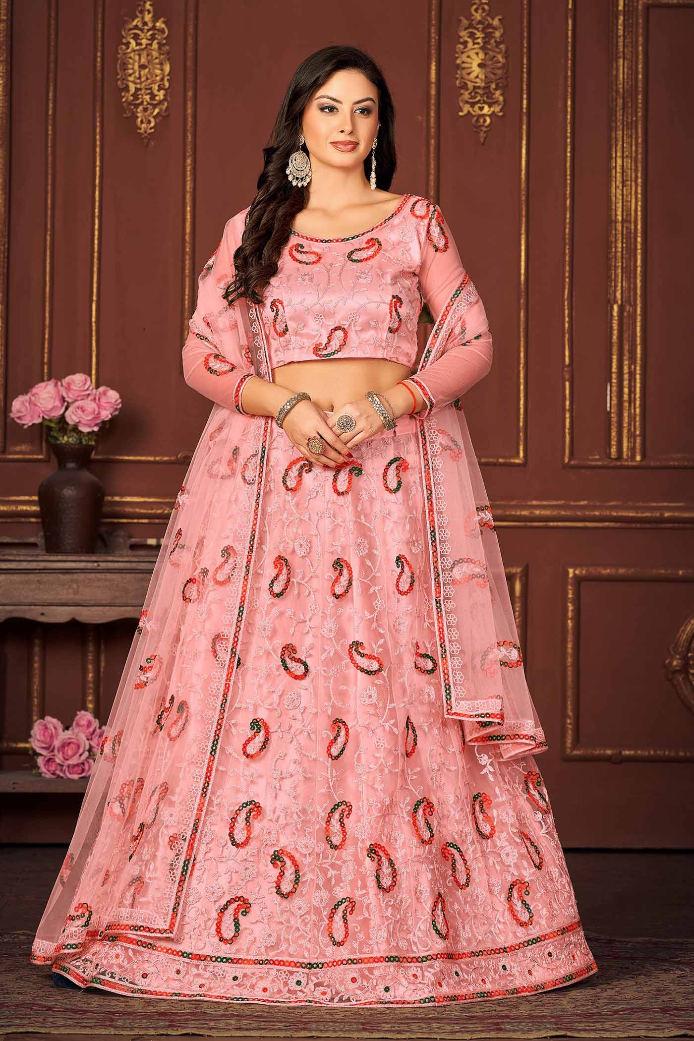 Embroidered Peach Net Lehenga