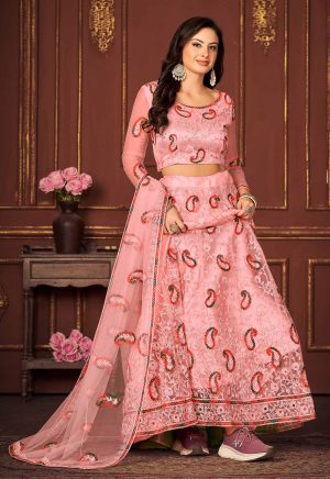 Embroidered Peach Net Lehenga