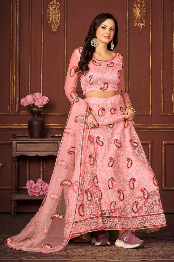 Embroidered Peach Net Lehenga