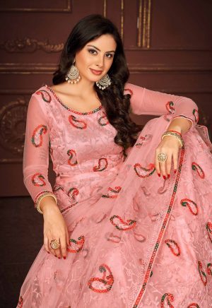 Embroidered Peach Net Lehenga