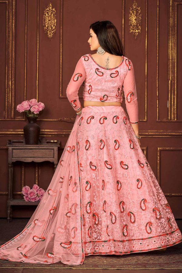 Embroidered Peach Net Lehenga