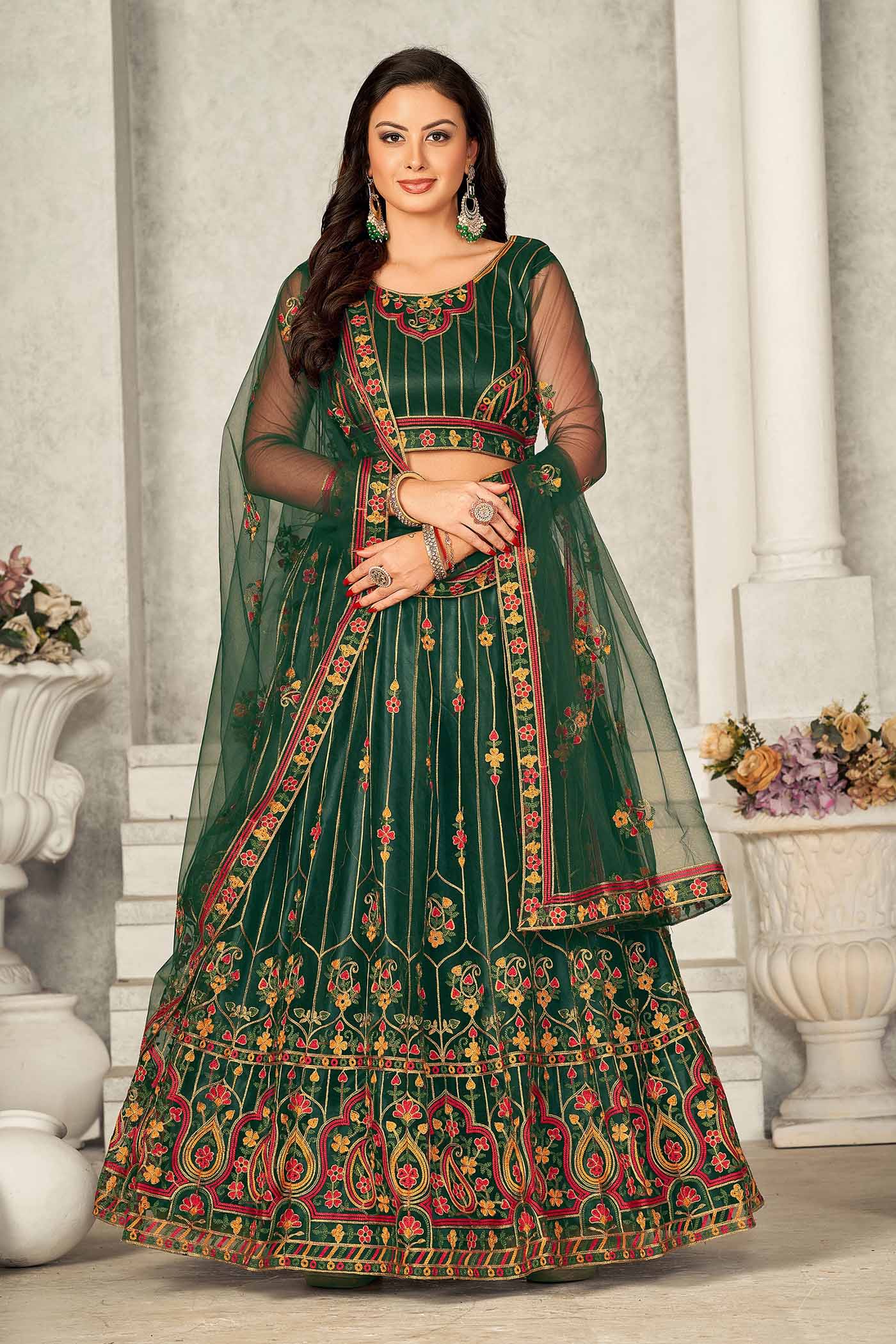 Embroidered Green Net Lehenga Choli