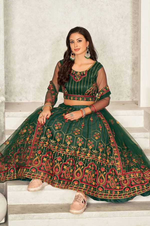 Embroidered Green Net Lehenga Choli