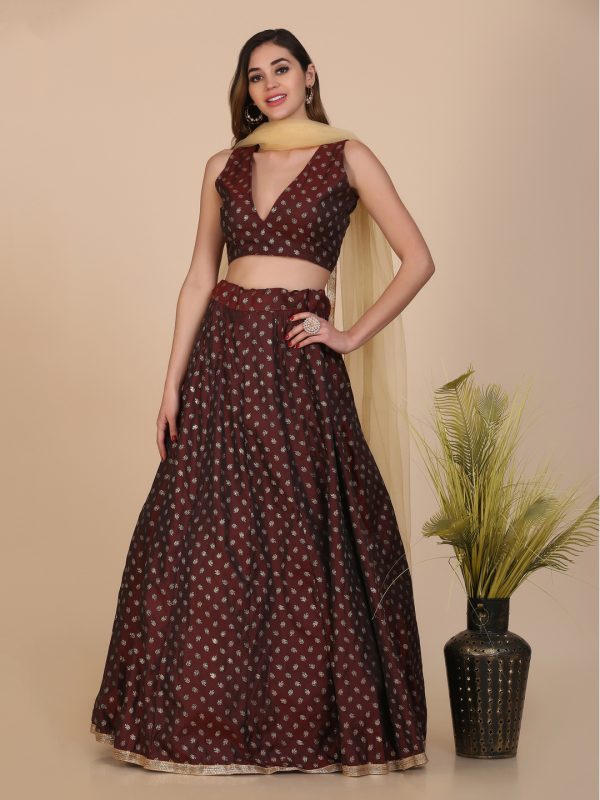 Foil Printed Brown Lehenga Choli