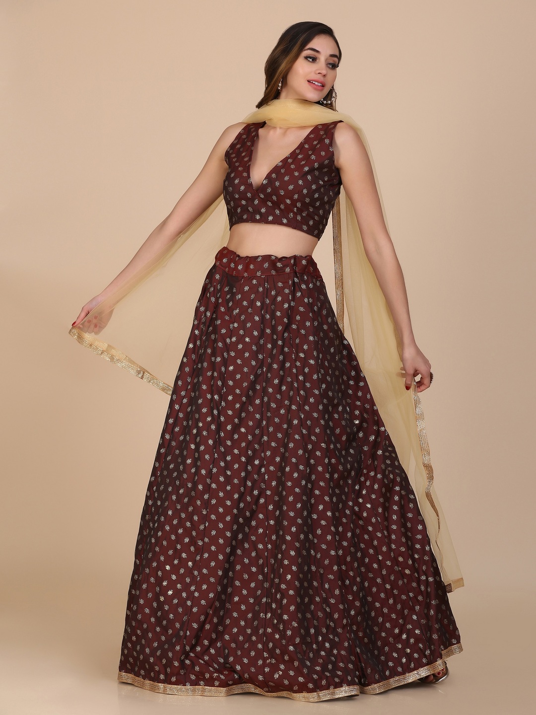 Foil Printed Brown Lehenga Choli