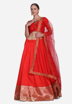 Red Embroidered Silk Lehenga Choli