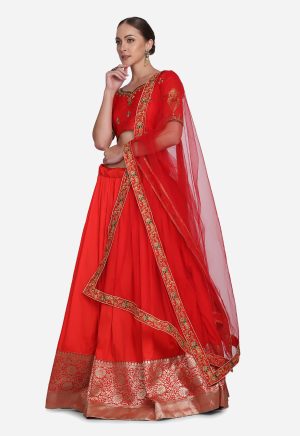 Red Embroidered Silk Lehenga Choli