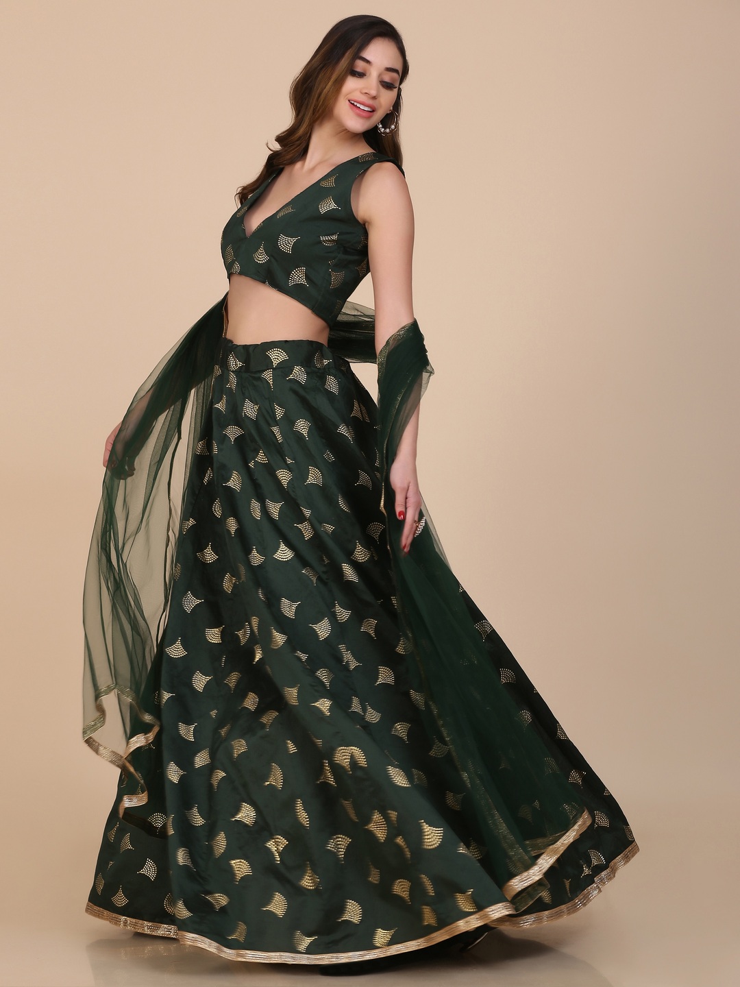 Foil Printed Green Lehenga Choli