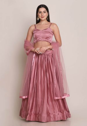 Self Design Satin Pink Lehenga