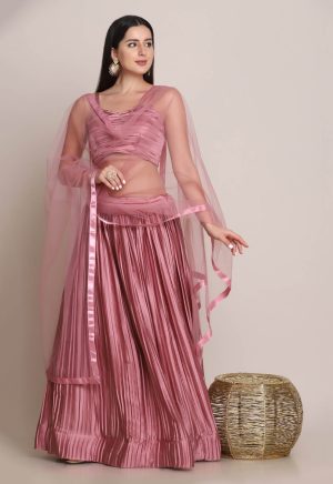 Self Design Satin Pink Lehenga