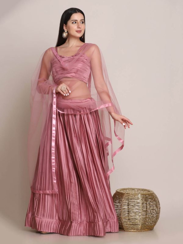 Self Design Satin Pink Lehenga