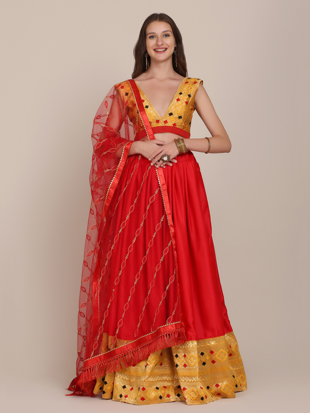 Red Taffeta Silk Lehenga Choli