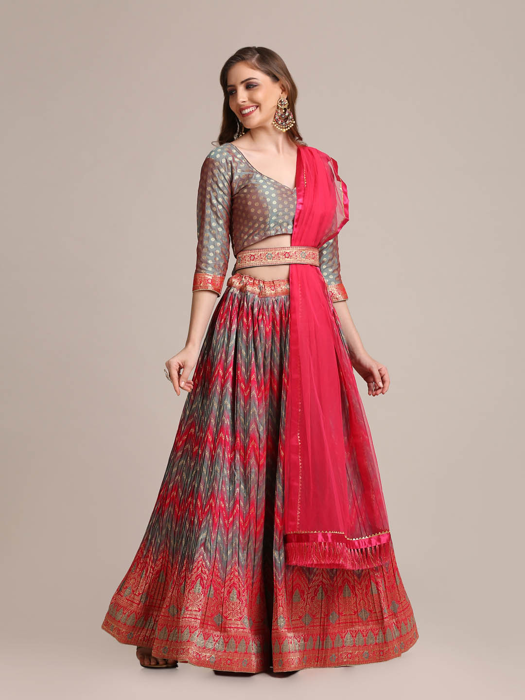 Orange Silk Blend Zari Waving Lehenga