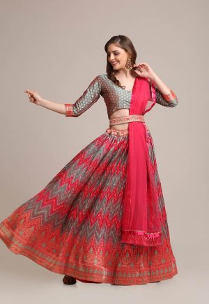 Orange Silk Blend Zari Waving Lehenga