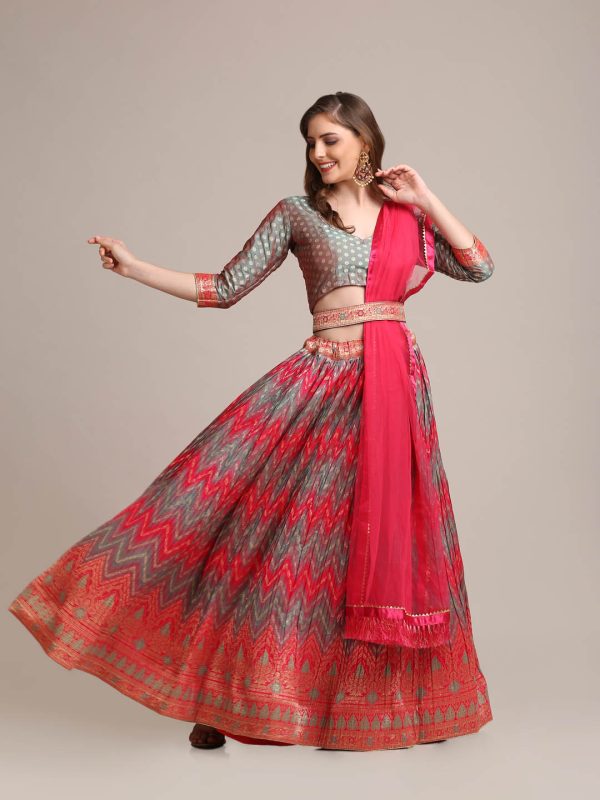 Orange Silk Blend Zari Waving Lehenga